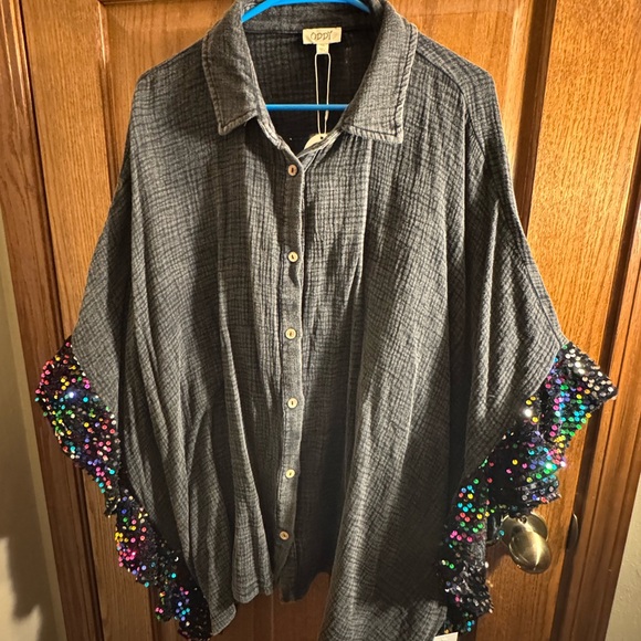 Oddi Tops - Oddi- NWT Charcoal black Button Down Shirt with Sequin Accents